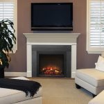Modern living room featuring an electric fireplace with glowing logs, a flat-screen TV mounted above, and stylish furniture including a light-colored sofa and a decorative plant.