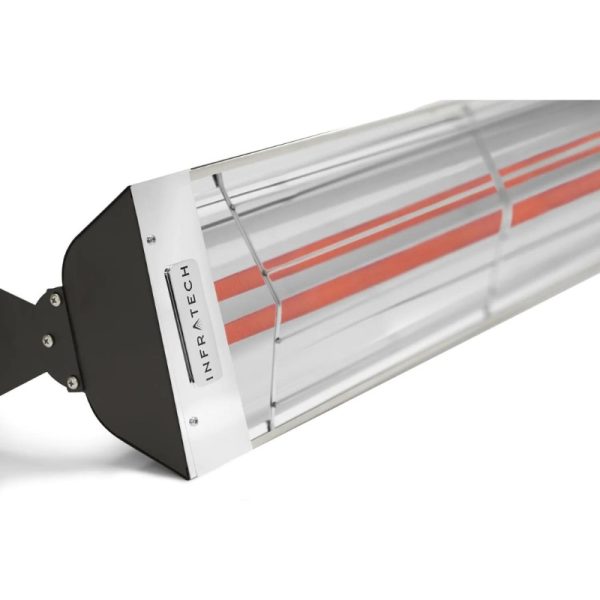 Infrared heating lamp with a sleek design, featuring a reflective surface and visible heating elements, suitable for outdoor and indoor heating applications.