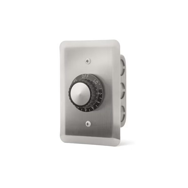 Stainless steel wall-mounted control knob with adjustable settings from OFF to LO and 1-5.