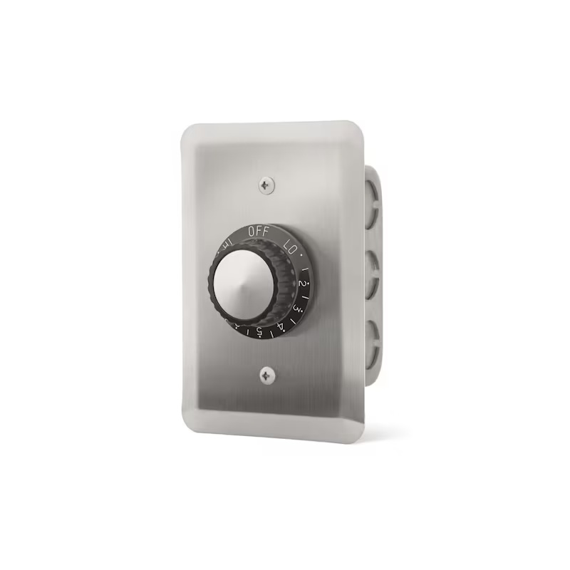 Stainless steel wall-mounted control knob with adjustable settings from OFF to LO and 1-5.