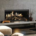 Modern gas fireplace with realistic flames and logs, surrounded by a stylish living room setting featuring a minimalist design and cozy seating.