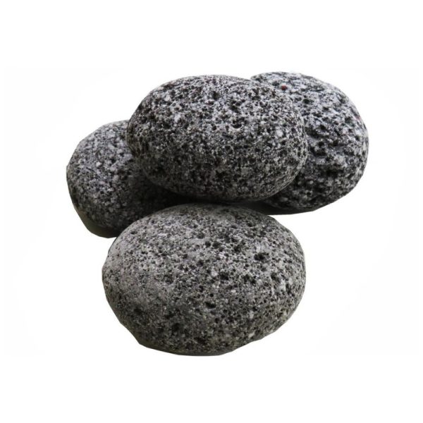A group of four smooth, dark gray volcanic rocks with porous surfaces, stacked together on a white background.