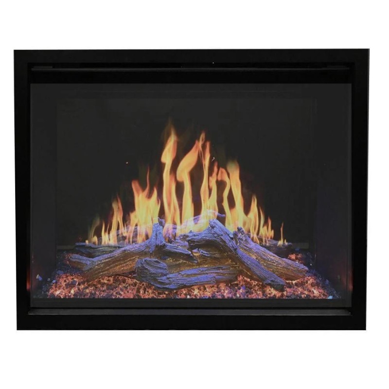 Modern electric fireplace with realistic flames and log display, set in a sleek black frame.