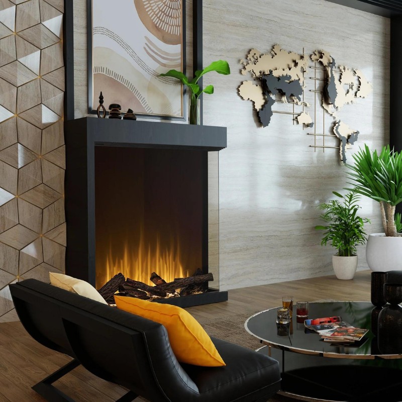 Modern living room featuring a sleek black fireplace with glowing logs, geometric wall art, a stylish black chair with yellow cushions, and a glass coffee table adorned with magazines and drinks. Lush green plants add a touch of nature to the contemporary decor.
