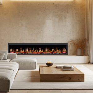 Modern living room featuring a sleek electric fireplace with vibrant flames, minimalist furniture, and a wooden coffee table, creating a cozy atmosphere.