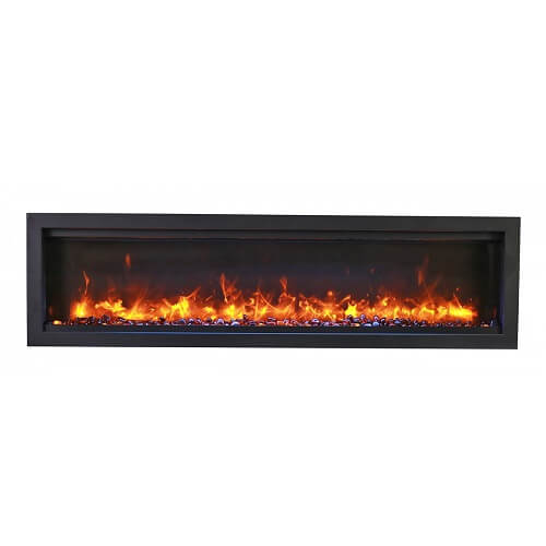 Modern electric fireplace with realistic flame effect and decorative glass crystals, designed for wall mounting.