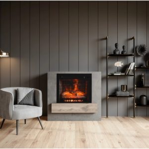 Modern living room featuring a stylish gray armchair, a sleek concrete fireplace with flames, and a black metal bookshelf displaying decorative items and books against a dark paneled wall.