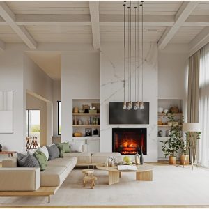Modern living room with a beige sectional sofa, a round wooden coffee table, and a cozy fireplace. Features large windows, minimalist decor, and stylish pendant lighting. Shelves display decorative items and plants, enhancing the contemporary aesthetic.