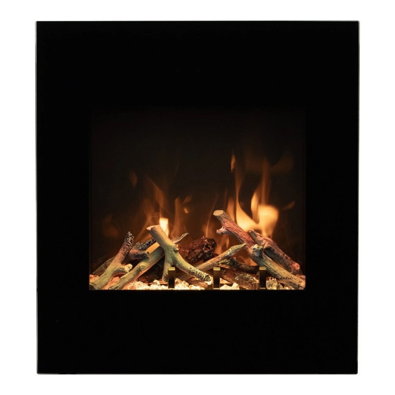 Modern fireplace featuring vibrant flames and decorative logs inside a sleek black frame. Ideal for enhancing home ambiance and providing warmth.