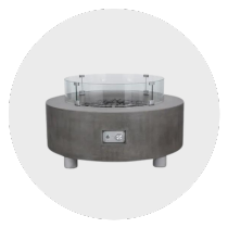 Modern round concrete fire pit with glass guard and control panel, perfect for outdoor gatherings.