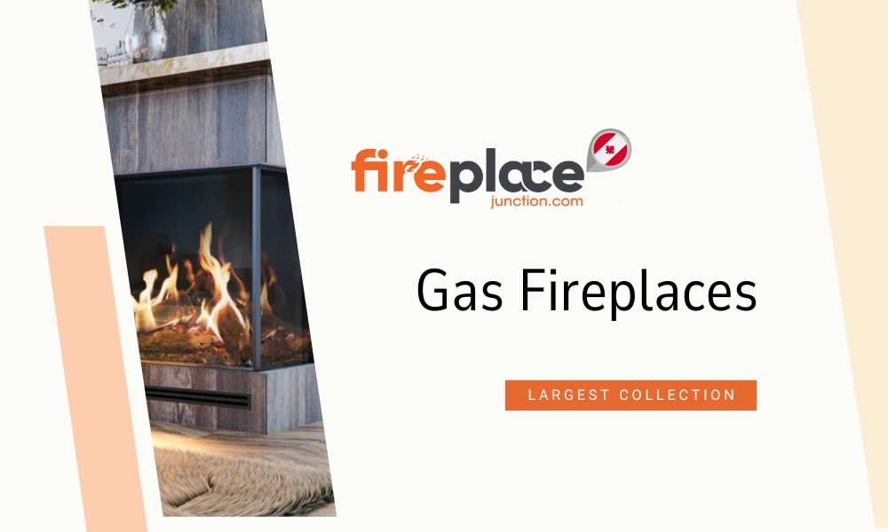 Modern gas fireplace with flames visible, surrounded by a sleek design, promoting the largest collection available at Fireplace Junction.