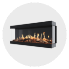Modern linear fireplace with a sleek black frame and realistic flames, showcasing a contemporary design ideal for stylish interiors.