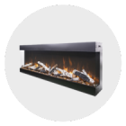 Modern linear electric fireplace with realistic flames and decorative logs.