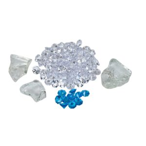 A collection of clear and blue decorative glass gems, including various shapes and sizes, arranged on a white background.