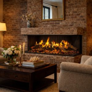 Cozy living room featuring a modern fireplace with flames, surrounded by a brick wall. A wooden coffee table holds candles, a floral arrangement, and decorative items, with plush armchairs providing a warm atmosphere.