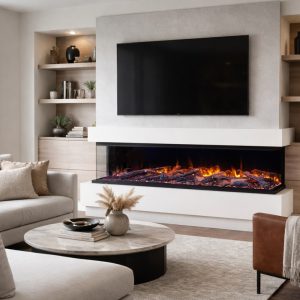 Modern living room featuring a sleek electric fireplace with glowing embers, a mounted flat-screen TV, and stylish decor including a round marble coffee table and plush seating.