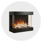 Modern black fireplace with a glass front, featuring realistic logs and flames, designed for contemporary interiors.