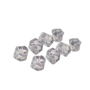 Clear acrylic ice cubes arranged on a white background, ideal for drink presentations and decorative purposes.