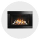 Modern fireplace with glowing flames and logs, set in a sleek black frame.