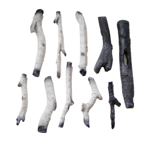 Collection of decorative twigs in various shapes and colors, featuring both light and dark finishes, ideal for crafting or home decor.
