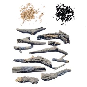 Assorted pieces of driftwood and natural materials, including small grains and black granules, arranged on a white background.